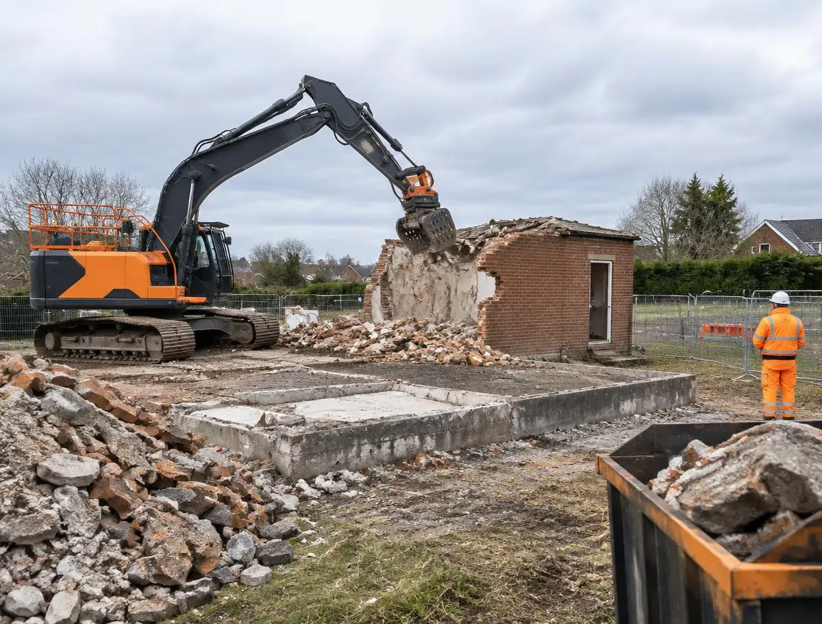 Excavator carrying out controlled demolition of a small brick building
