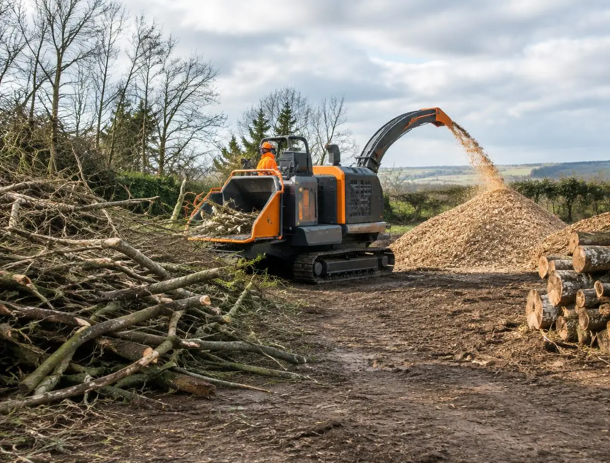 Tracked wood chipper processing branches on a cleared site